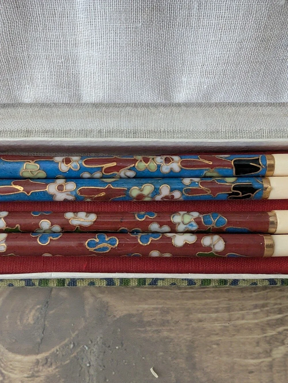 BoxVintage Cloisonné Enamel & Bone Chopsticks In Original Box Set Of 2